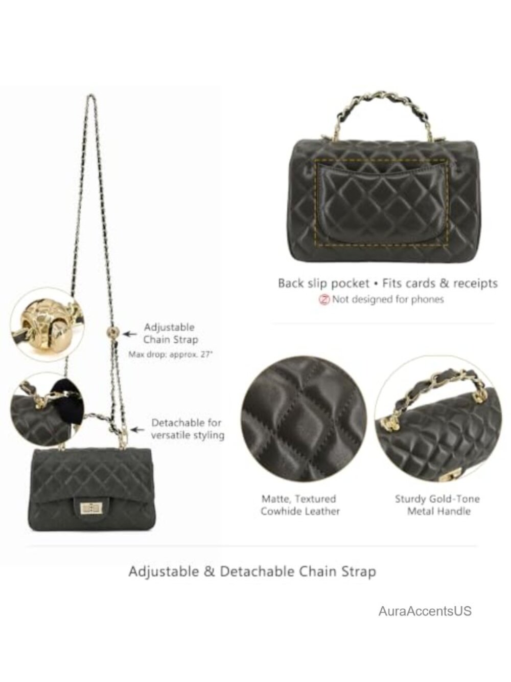 Small Quilted Leather Flap Crossbody Bag with Gold-Tone Chain Handle - Picture 5 of 6